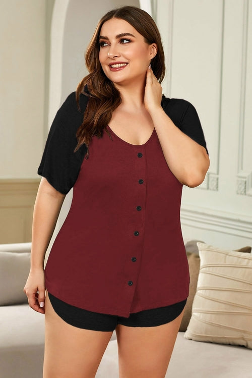 Color Block Short Sleeves Top & Shorts Plus Size Loungewear