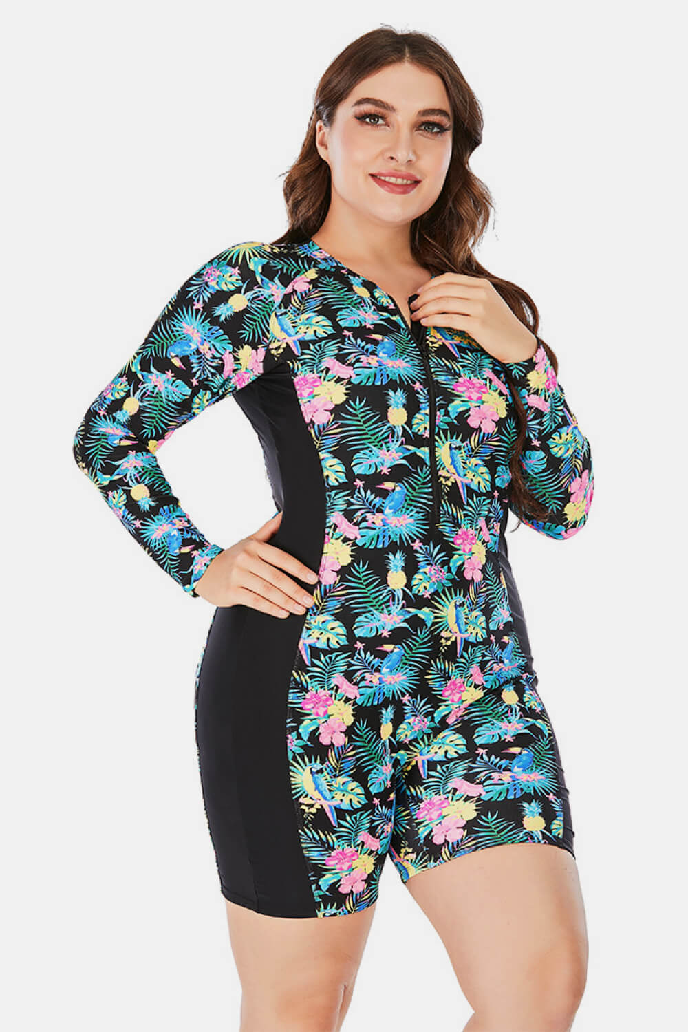 Plus Size Floral Zip Up Long Sleeve Short Wetsuit