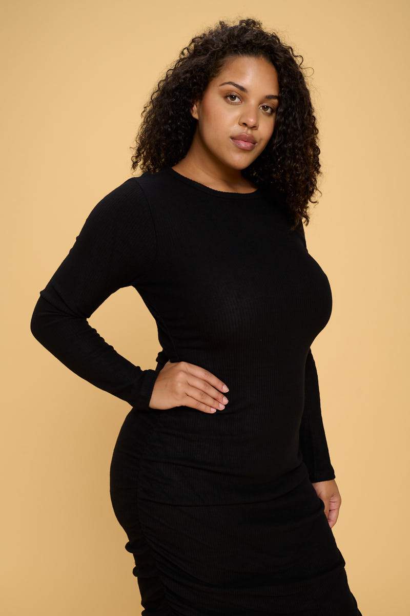 Drawstring Ruched Side Rib-Knit Sweater Dress 2X / Black Drawstring Ruched Side Rib-Knit Sweater Dress 2X / Black