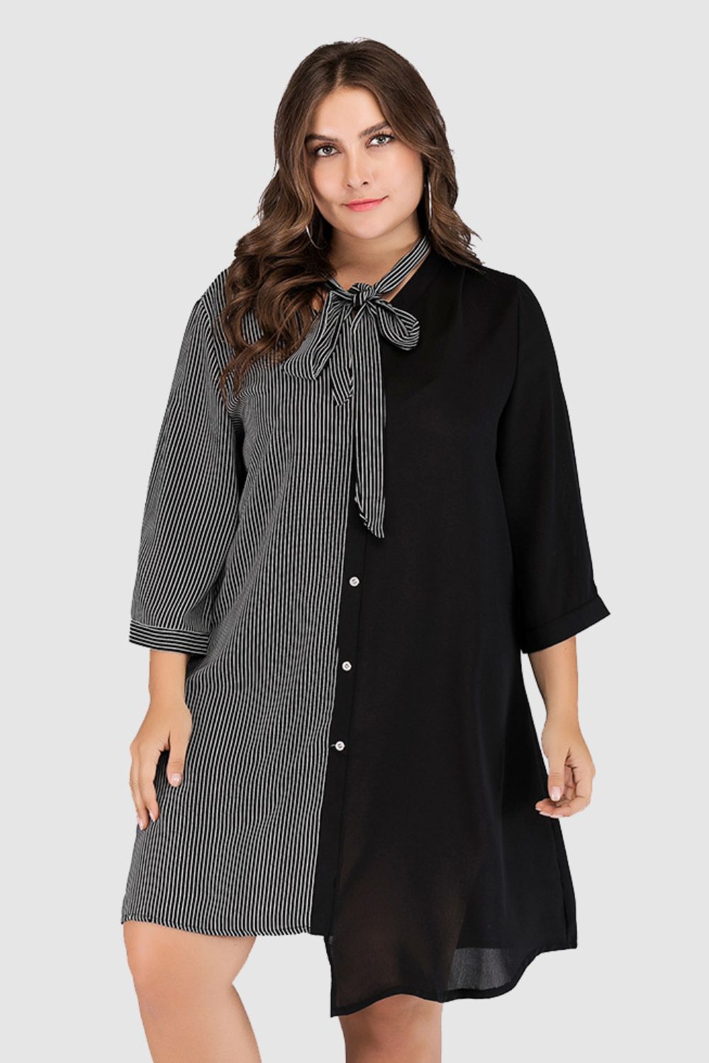 Plus Size Striped Color Block Tie-Neck Dress Curve and Twist Plus Size Striped Color Block Tie-Neck Dress Curve and Twist