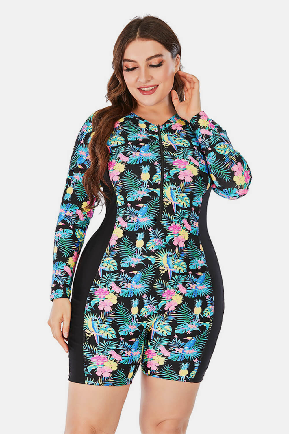 Plus Size Floral Zip Up Long Sleeve Short Wetsuit