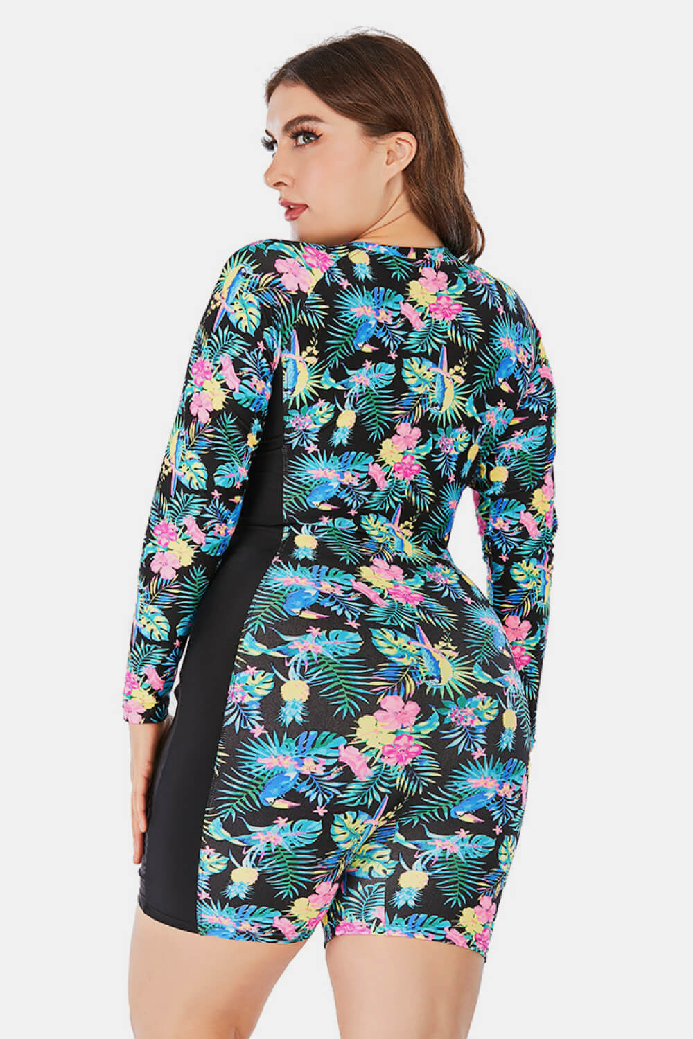 Plus Size Floral Zip Up Long Sleeve Short Wetsuit