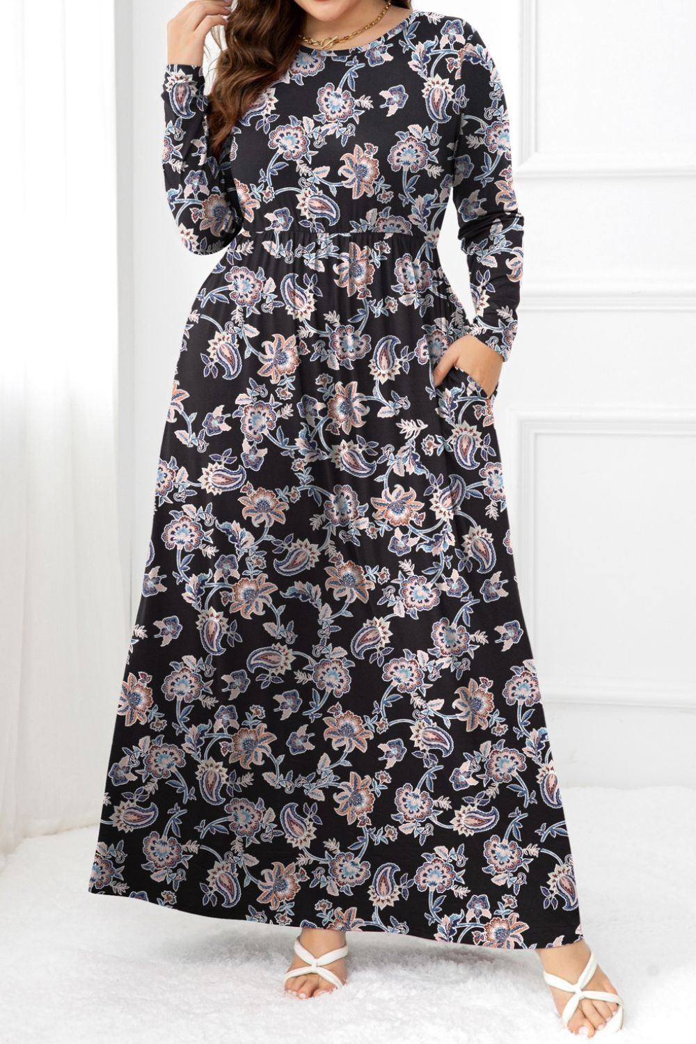 Plus Size Round Neck Long Sleeve Maxi Dress with Pockets Forest / 3X Plus Size Round Neck Long Sleeve Maxi Dress with Pockets Forest / 3X