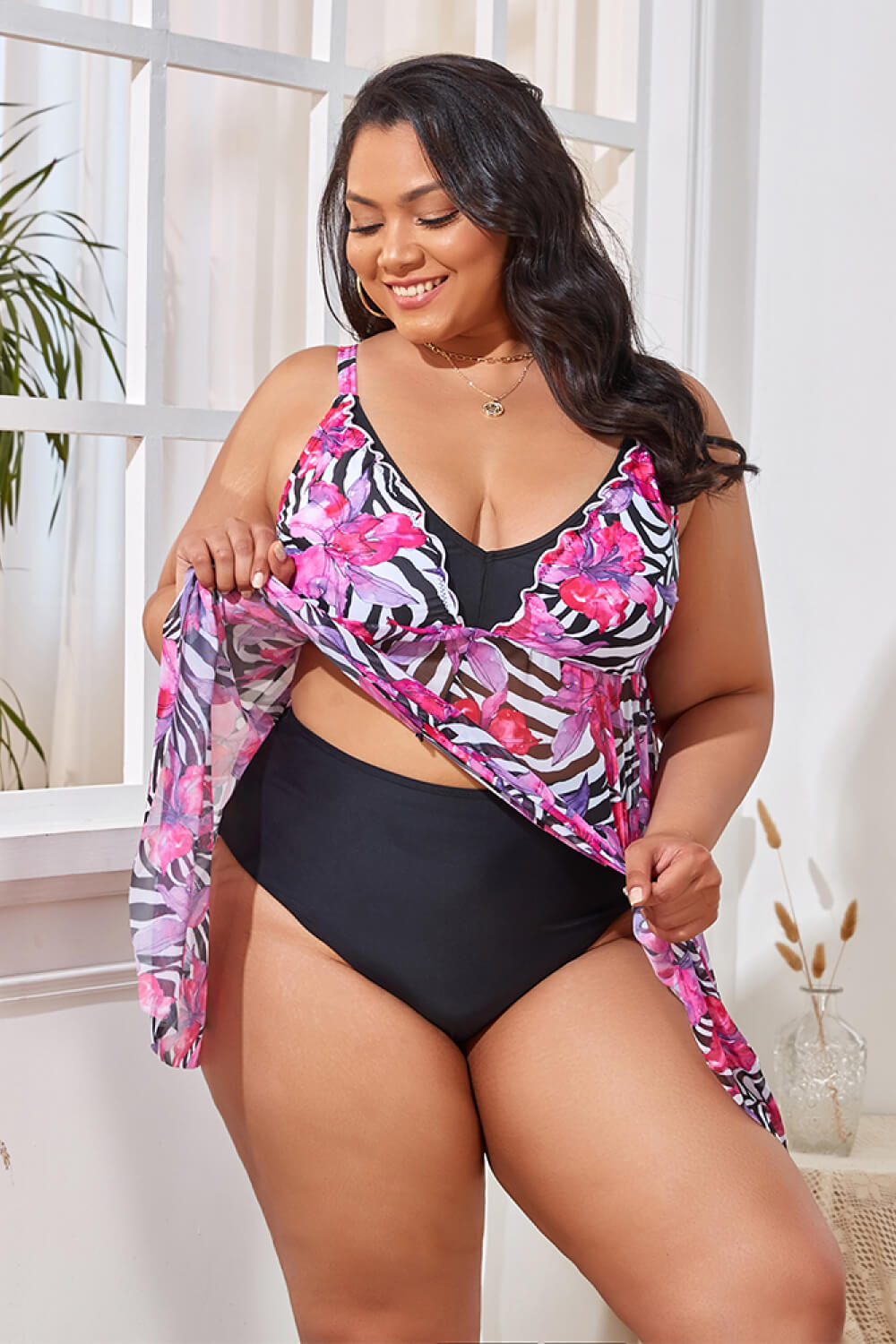 Plus Size Spaghetti Strap V-Neck Two-Piece Swim Set