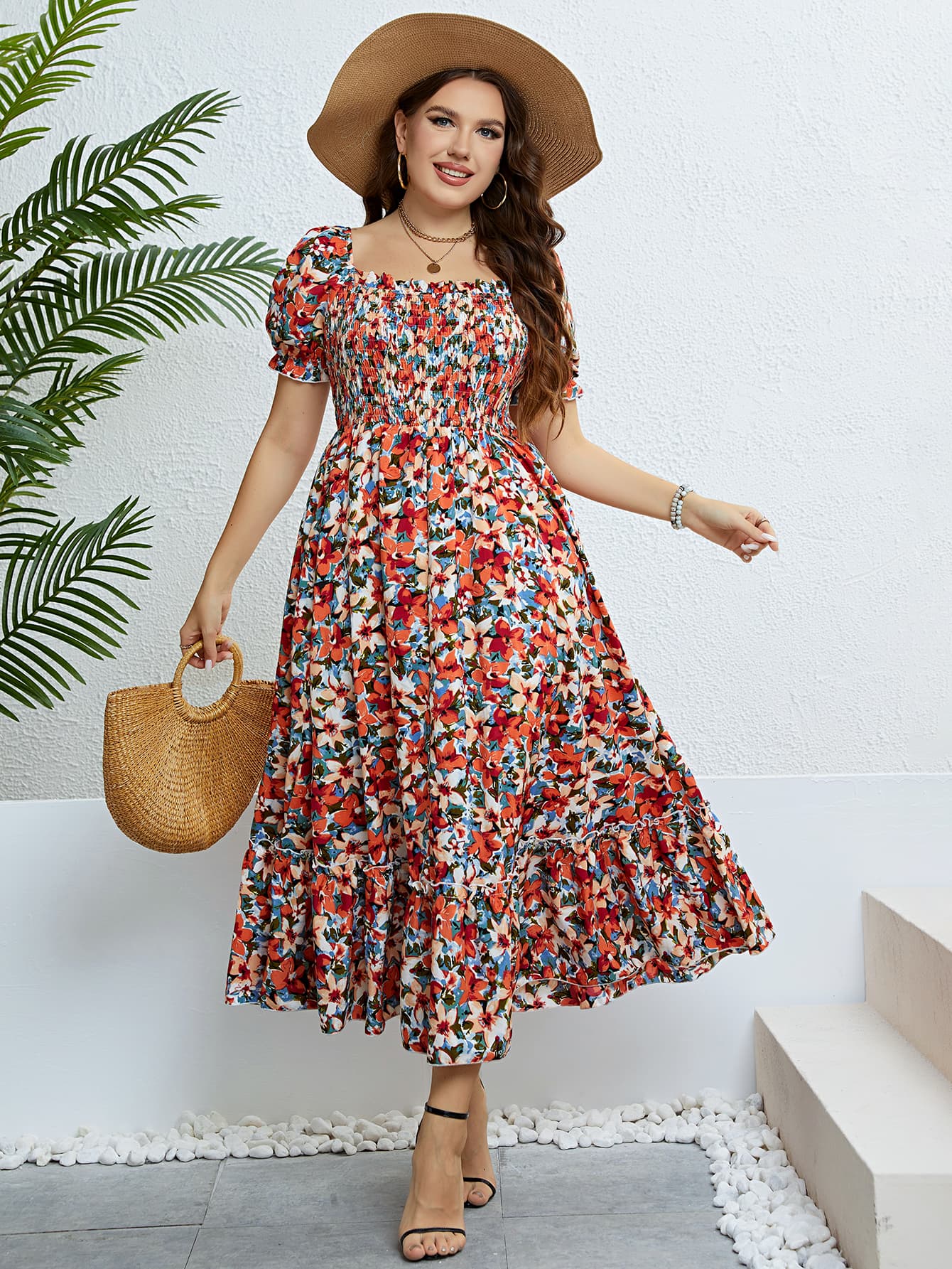 Plus Size Floral Smocked Square Neck Dress – Curve and Twist Plus Size Floral Smocked Square Neck Dress – Curve and Twist