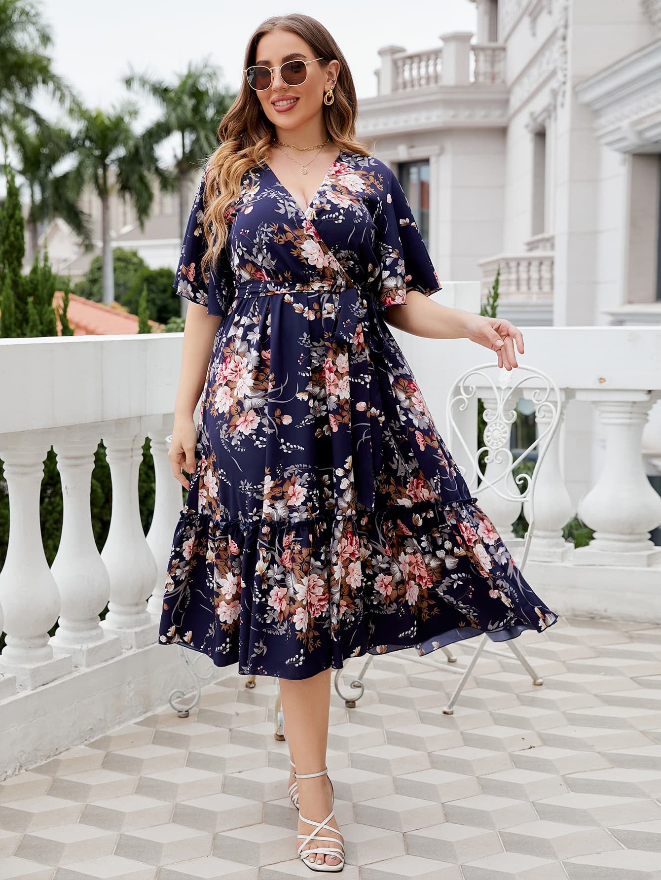 Plus Size Floral Surplice Neck Midi Dress Floral / 1XL
