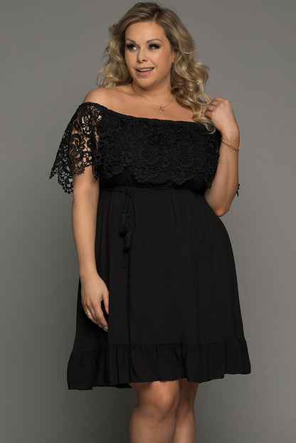 Plus Size Tassel Tie Spliced Lace Off-Shoulder Dress Curve and Twist Plus Size Tassel Tie Spliced Lace Off-Shoulder Dress Curve and Twist