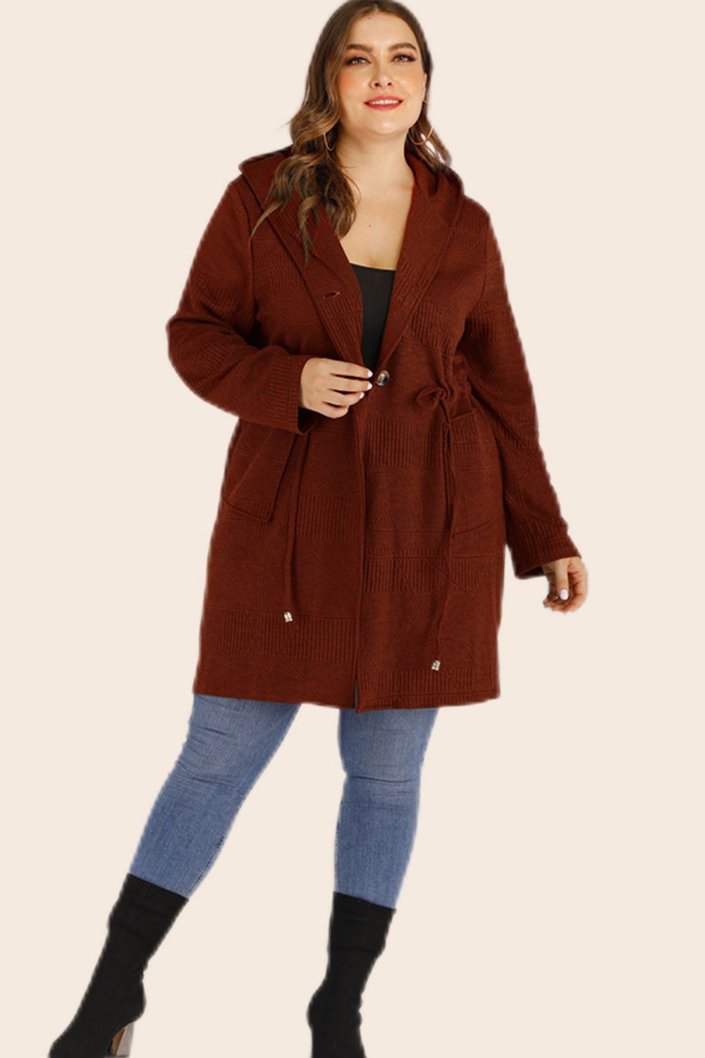 Drawstring waist outlet hooded cardigan