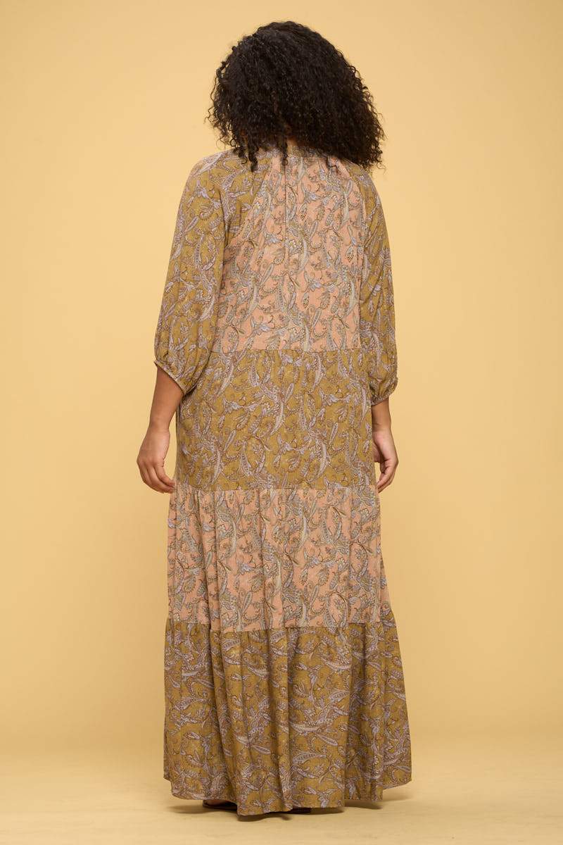 Paisley Maxi Tier Dress with Tie Collar