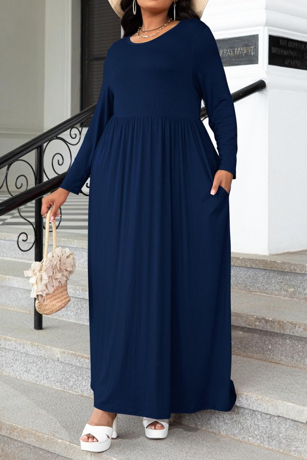 Plus Size Round Neck Long Sleeve Maxi Dress with Pockets Floral / XL Plus Size Round Neck Long Sleeve Maxi Dress with Pockets Floral / XL